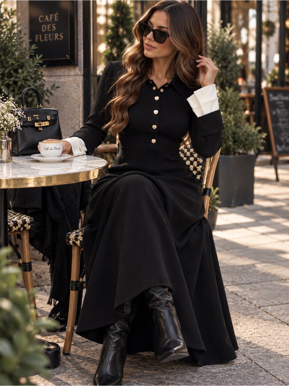 COMMENSE Black Contrast Cuff Gold Button Long Sleeve Maxi Dress